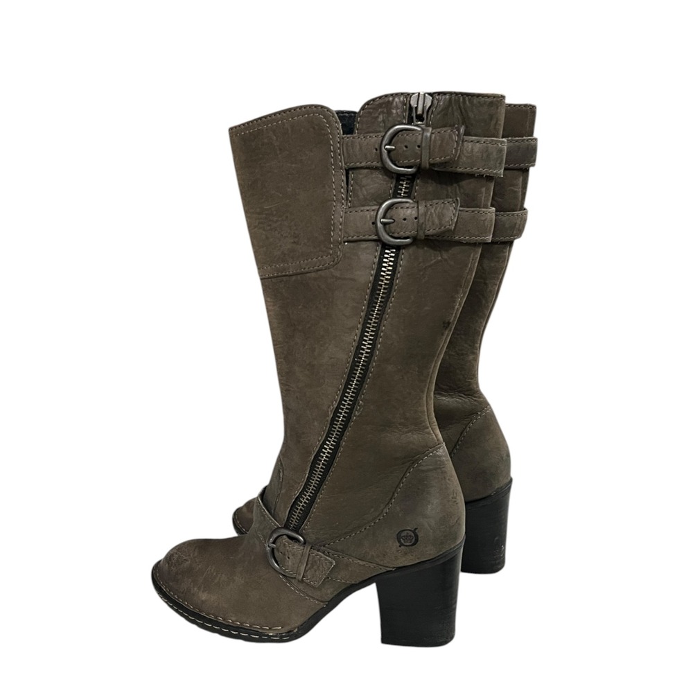 Born Tall Leather Moto Boots Gray Brown Buckle Zip Block Heel Women's 8.5 - Picture 2 of 9